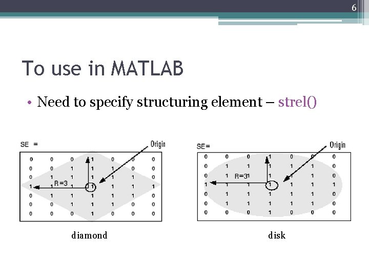 6 To use in MATLAB • Need to specify structuring element – strel() diamond