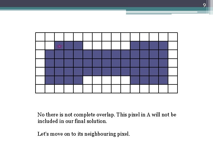 9 No there is not complete overlap. This pixel in A will not be
