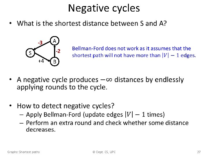 Negative cycles • -3 A -2 S +4 Graphs: Shortest paths B © Dept.