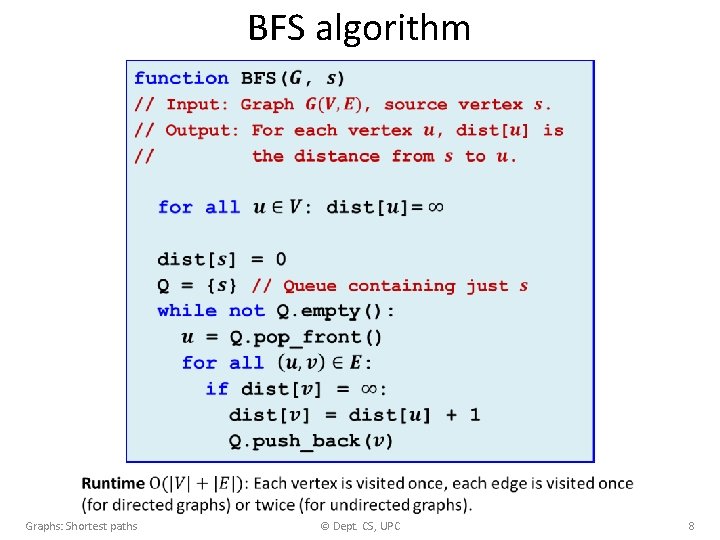 BFS algorithm Graphs: Shortest paths © Dept. CS, UPC 8 