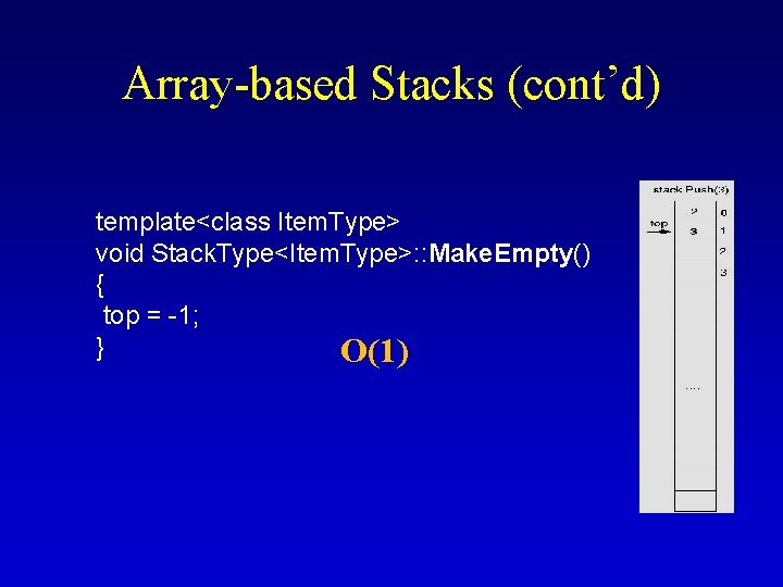 Array-based Stacks (cont’d) template<class Item. Type> void Stack. Type<Item. Type>: : Make. Empty() {