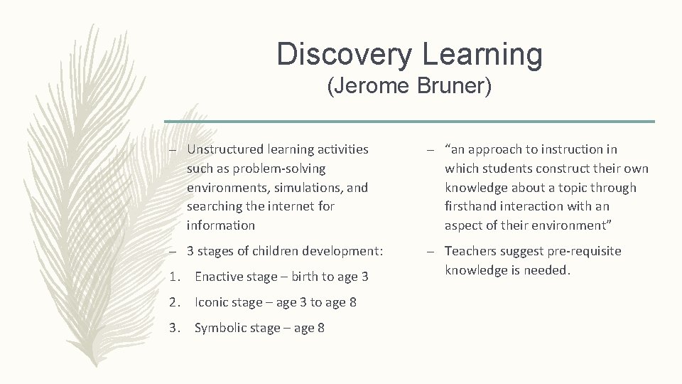 Discovery Learning (Jerome Bruner) – Unstructured learning activities such as problem-solving environments, simulations, and