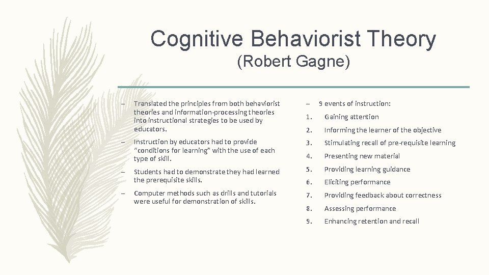 Cognitive Behaviorist Theory (Robert Gagne) – – Translated the principles from both behaviorist theories