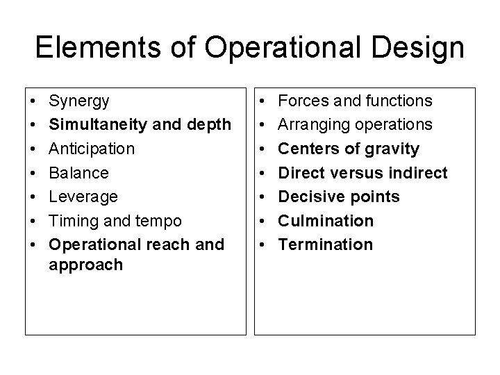 Elements of Operational Design • • Synergy Simultaneity and depth Anticipation Balance Leverage Timing