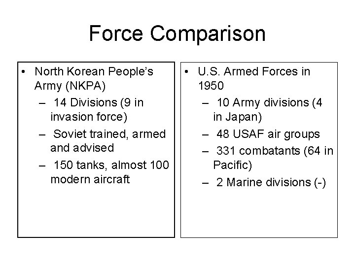 Force Comparison • North Korean People’s Army (NKPA) – 14 Divisions (9 in invasion