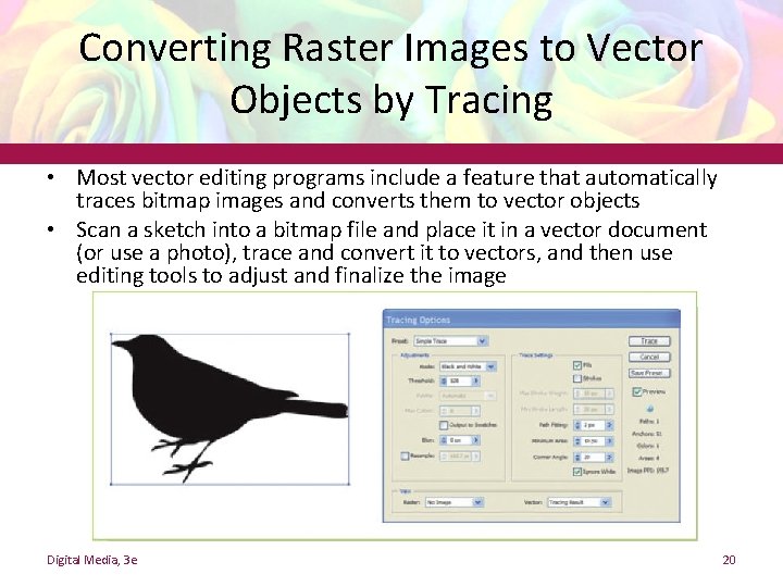 Converting Raster Images to Vector Objects by Tracing • Most vector editing programs include