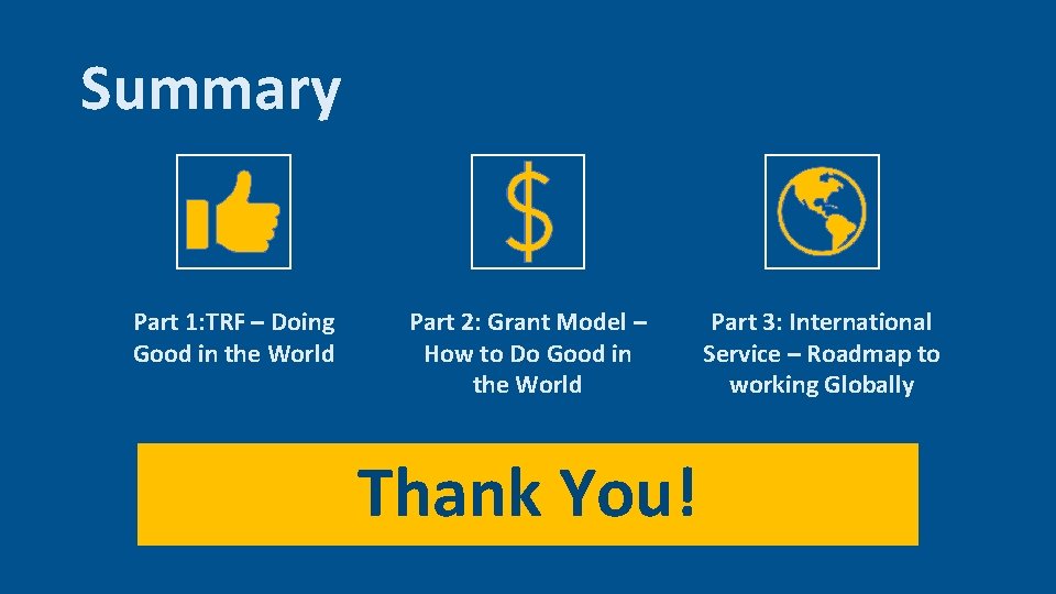 Summary Part 1: TRF – Doing Good in the World Part 2: Grant Model
