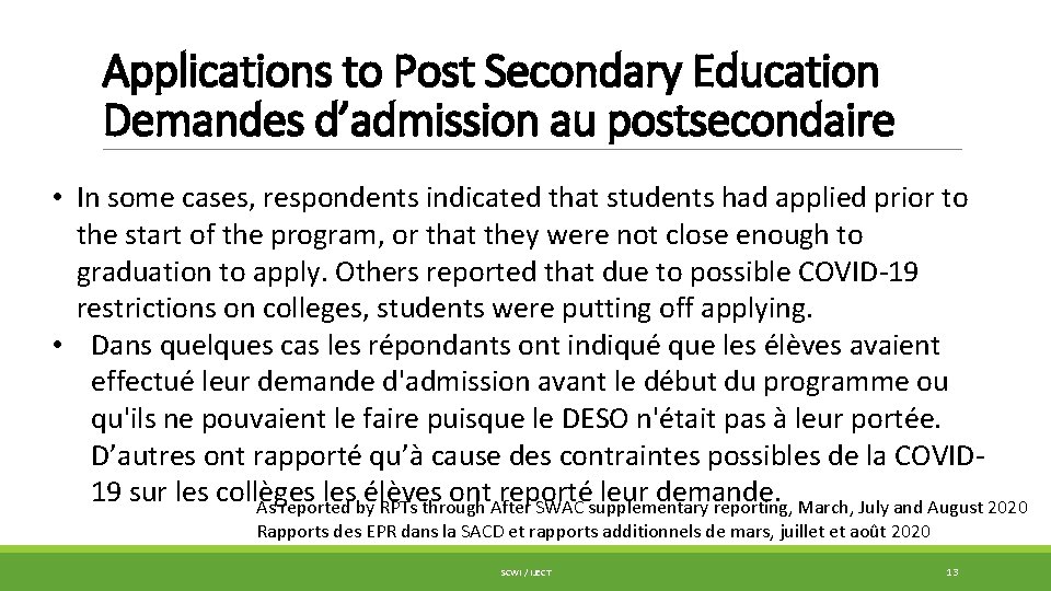 Applications to Post Secondary Education Demandes d’admission au postsecondaire • In some cases, respondents