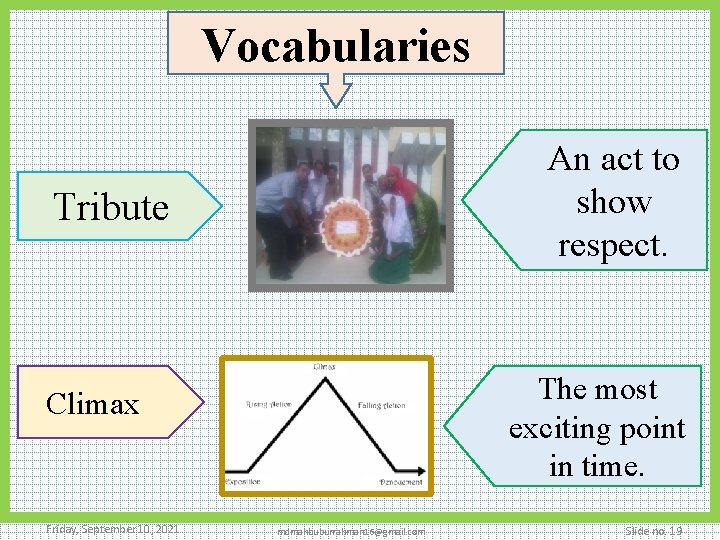 Vocabularies An act to show respect. Tribute The most exciting point in time. Climax