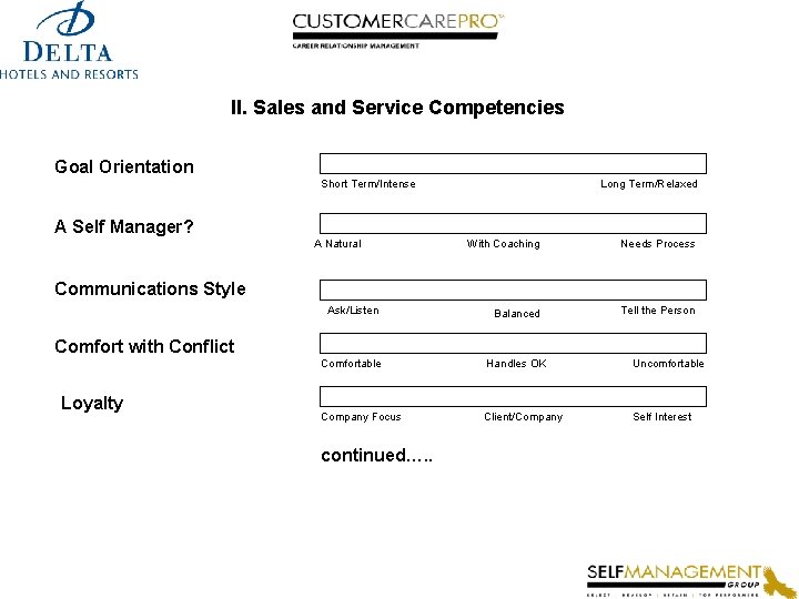 II. Sales and Service Competencies Goal Orientation Short Term/Intense Long Term/Relaxed A Self Manager?