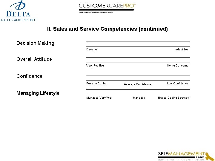 II. Sales and Service Competencies (continued) Decision Making Decisive Indecisive Overall Attitude Very Positive