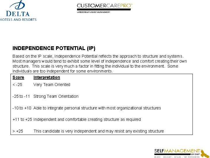 INDEPENDENCE POTENTIAL (IP) Based on the IP scale, Independence Potential reflects the approach to