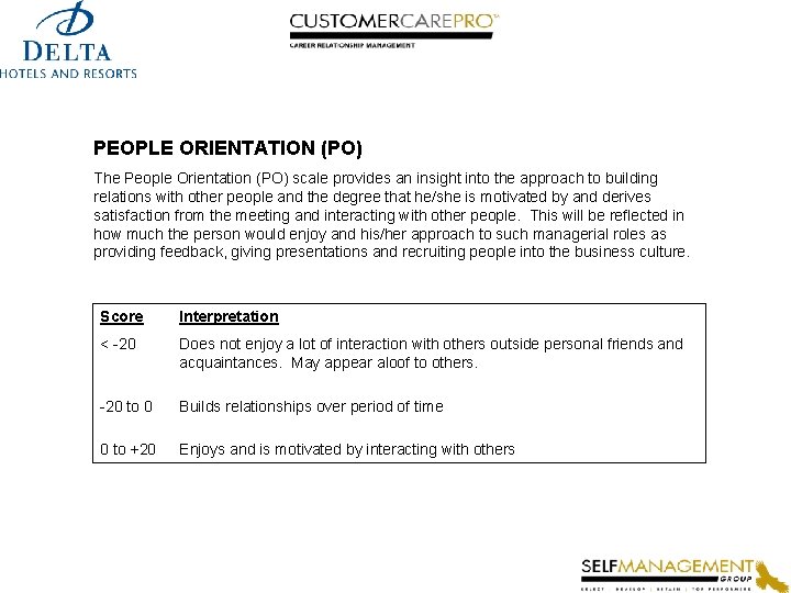 PEOPLE ORIENTATION (PO) The People Orientation (PO) scale provides an insight into the approach