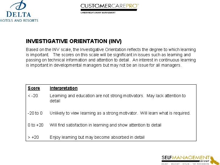 INVESTIGATIVE ORIENTATION (INV) Based on the INV scale, the Investigative Orientation reflects the degree