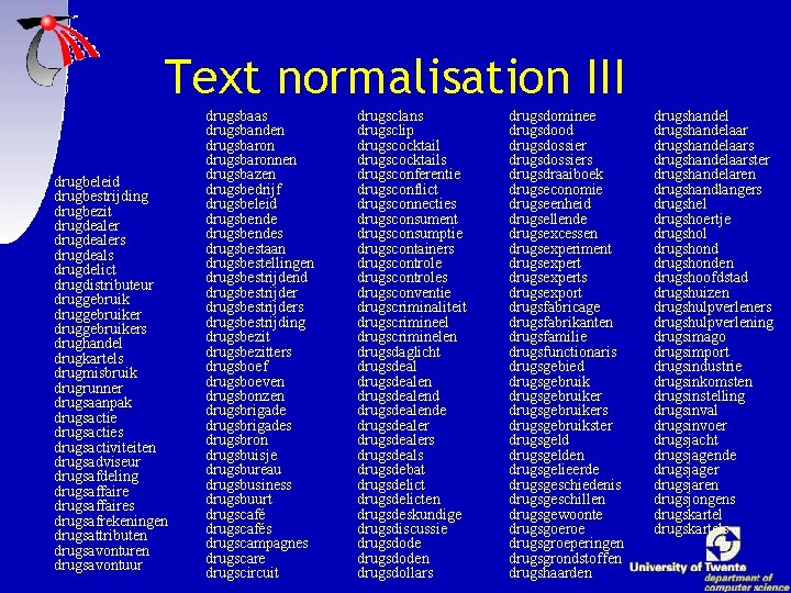 Text normalisation III drugbeleid drugbestrijding drugbezit drugdealers drugdeals drugdelict drugdistributeur druggebruikers drughandel drugkartels drugmisbruik