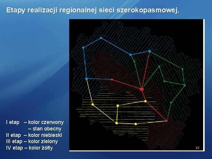 Etapy realizacji regionalnej sieci szerokopasmowej I etap – kolor czerwony – stan obecny II