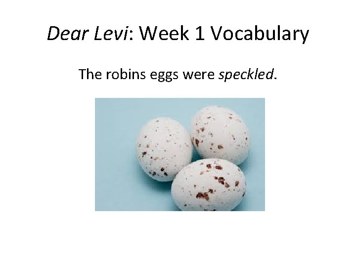 Dear Levi: Week 1 Vocabulary The robins eggs were speckled. 