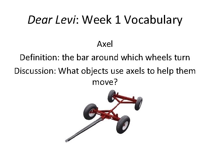 Dear Levi: Week 1 Vocabulary Axel Definition: the bar around which wheels turn Discussion: