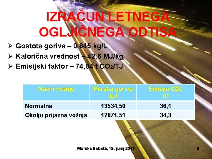 IZRAČUN LETNEGA OGLJIČNEGA ODTISA Ø Gostota goriva – 0, 845 kg/L Ø Kalorična vrednost