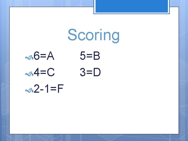 Scoring 6=A 4=C 2 -1=F 5=B 3=D 