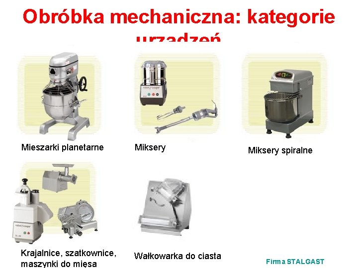 Obróbka mechaniczna: kategorie urządzeń Mieszarki planetarne Miksery Krajalnice, szatkownice, maszynki do mięsa Wałkowarka do