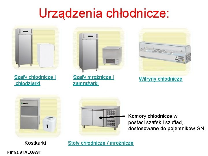 Urządzenia chłodnicze: Szafy chłodnicze i chłodziarki Szafy mroźnicze i zamrażarki Witryny chłodnicze Komory chłodnicze