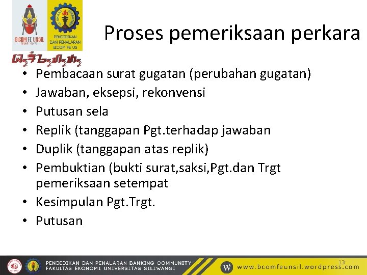 Proses pemeriksaan perkara Pembacaan surat gugatan (perubahan gugatan) Jawaban, eksepsi, rekonvensi Putusan sela Replik