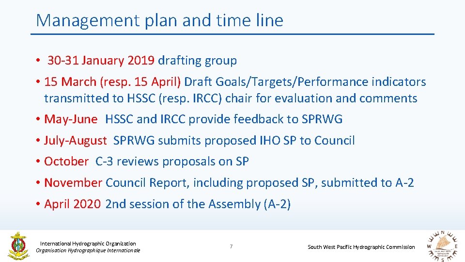 Management plan and time line • 30 -31 January 2019 drafting group • 15