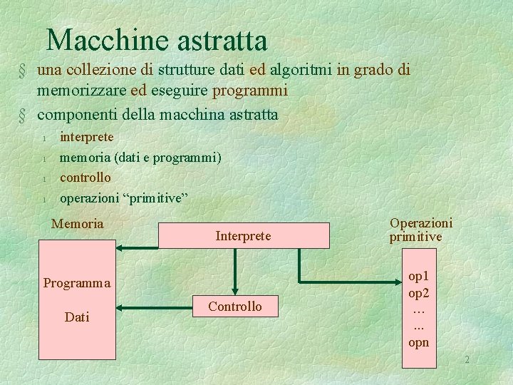 Macchine astratta § una collezione di strutture dati ed algoritmi in grado di memorizzare