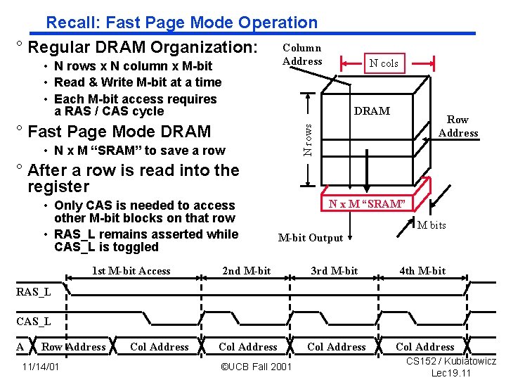 Recall: Fast Page Mode Operation ° Regular DRAM Organization: Column Address • N rows