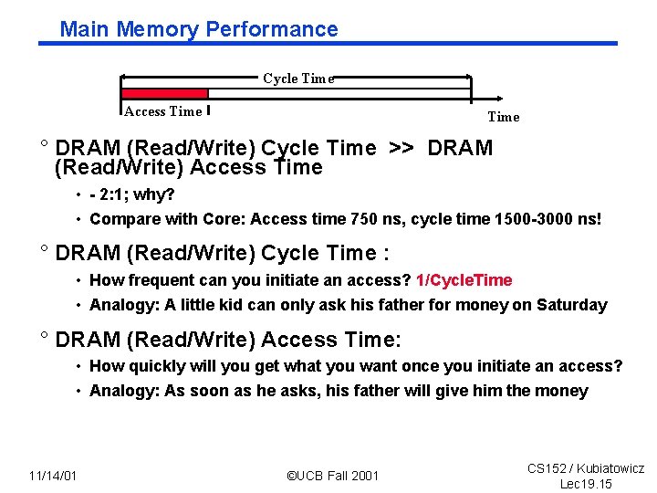 Main Memory Performance Cycle Time Access Time ° DRAM (Read/Write) Cycle Time >> DRAM