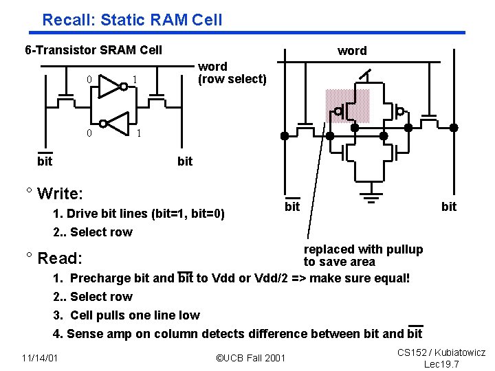 Recall: Static RAM Cell 6 Transistor SRAM Cell 0 0 bit word (row select)