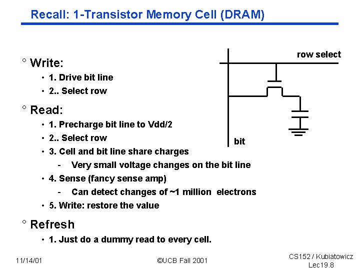 Recall: 1 Transistor Memory Cell (DRAM) row select ° Write: • 1. Drive bit