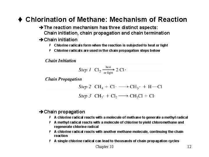 t Chlorination of Methane: Mechanism of Reaction èThe reaction mechanism has three distinct aspects: