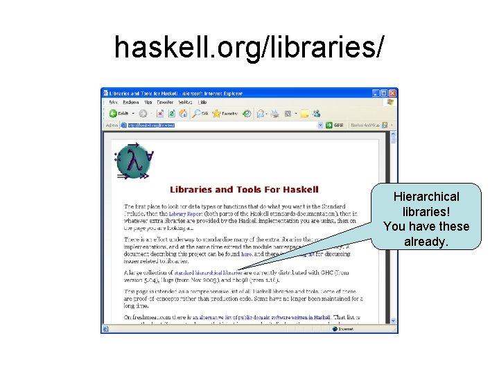 haskell. org/libraries/ Hierarchical libraries! You have these already. 
