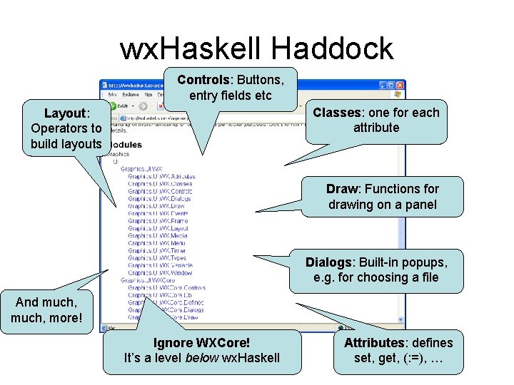 wx. Haskell Haddock Controls: Buttons, entry fields etc Classes: one for each attribute Layout:
