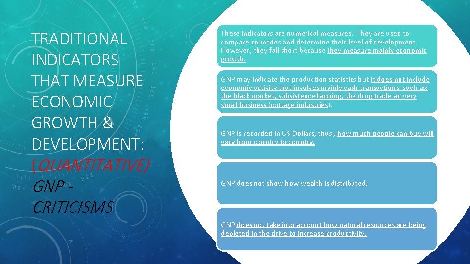 TRADITIONAL INDICATORS THAT MEASURE ECONOMIC GROWTH & DEVELOPMENT: (QUANTITATIVE) GNP CRITICISMS These indicators are