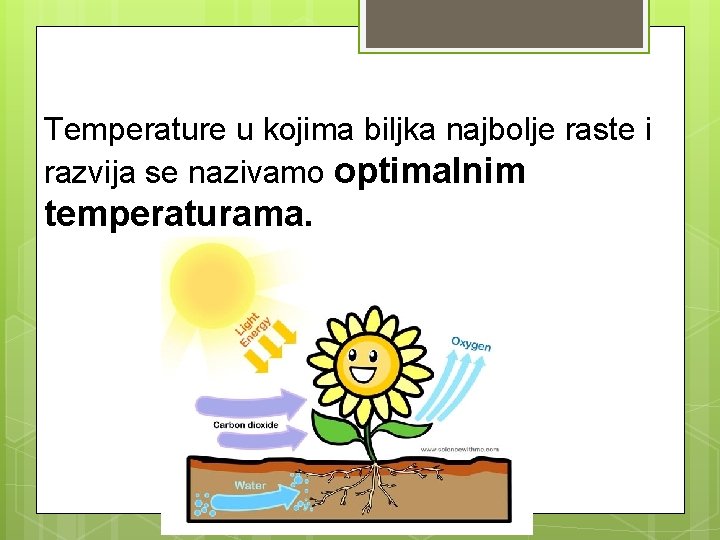 Temperature u kojima biljka najbolje raste i razvija se nazivamo optimalnim temperaturama. Temperature u kojima biljka najbolje raste i razvija se nazivamo optimalnim temperaturama.
