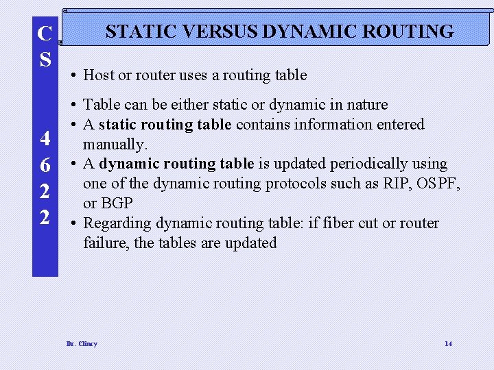 C S 4 6 2 2 STATIC VERSUS DYNAMIC ROUTING • Host or router
