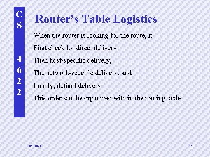 C S Router’s Table Logistics When the router is looking for the route, it: