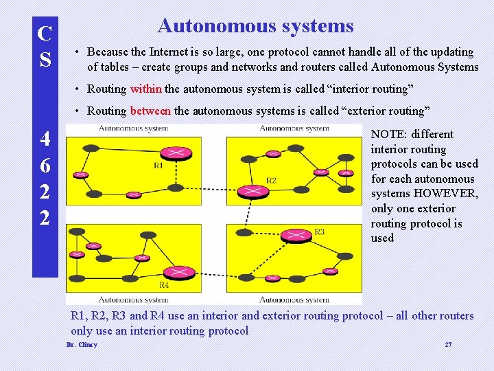 C S Autonomous systems • Because the Internet is so large, one protocol cannot