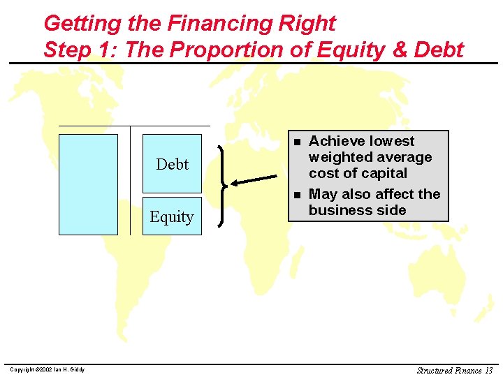 Getting the Financing Right Step 1: The Proportion of Equity & Debt n Equity