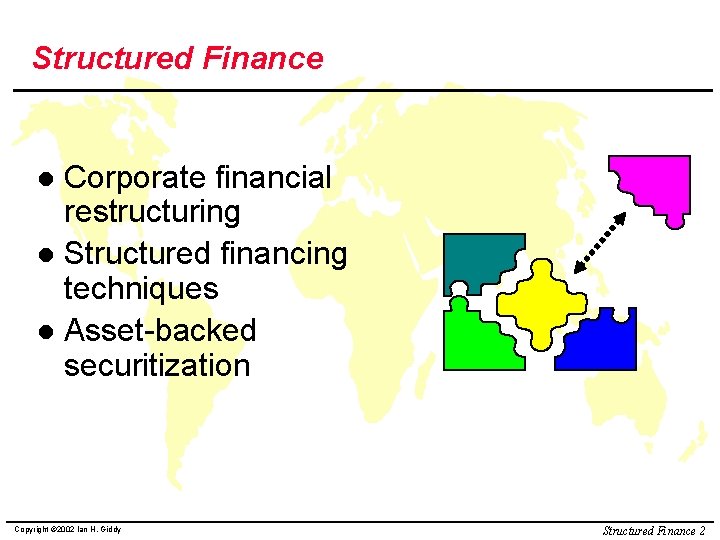 Structured Finance Corporate financial restructuring l Structured financing techniques l Asset-backed securitization l Copyright