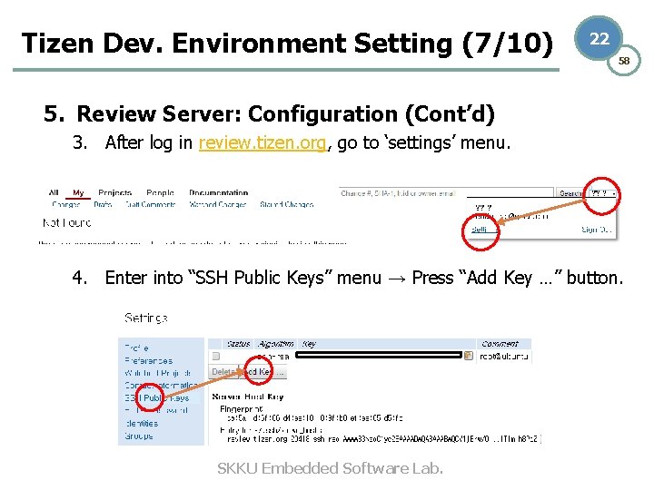 Tizen Dev. Environment Setting (7/10) 22 58 5. Review Server: Configuration (Cont’d) 3. After
