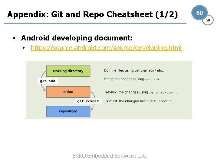 Appendix: Git and Repo Cheatsheet (1/2) • Android developing document: • https: //source. android.