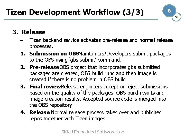 Tizen Development Workflow (3/3) 8 3. Release – 1. 2. 3. 4. Tizen backend