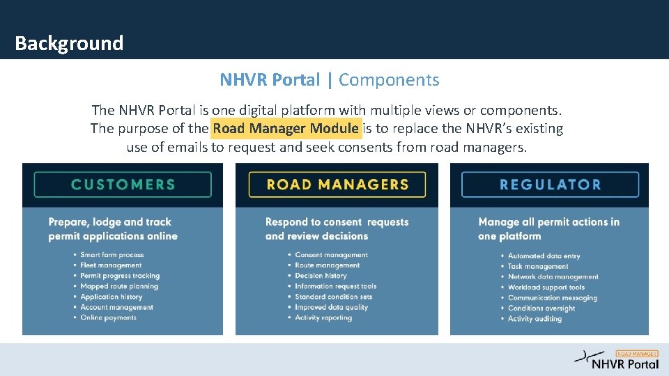 Background NHVR Portal | Components The NHVR Portal is one digital platform with multiple