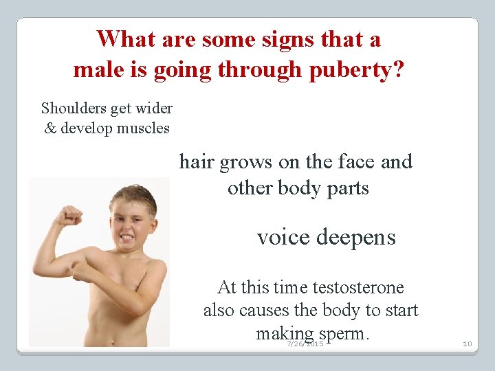 What are some signs that a male is going through puberty? Shoulders get wider
