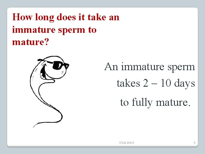 How long does it take an immature sperm to mature? An immature sperm takes