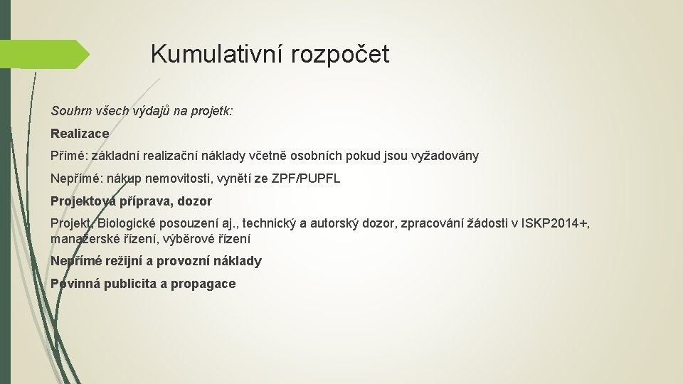 Kumulativní rozpočet Souhrn všech výdajů na projetk: Realizace Přímé: základní realizační náklady včetně osobních